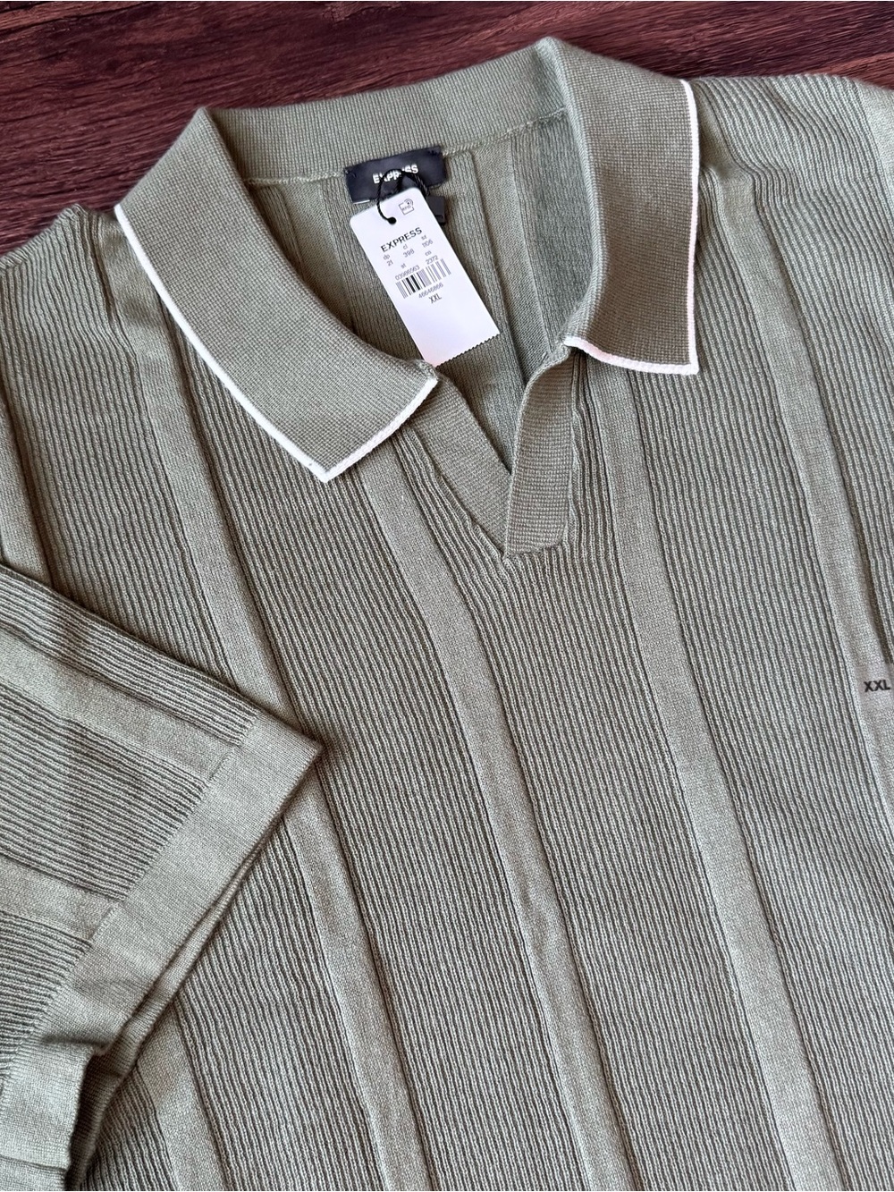 Express Men’s Sweater Polo Green Ribbed Johnny Collar Cotton 2XL Short Sleeve